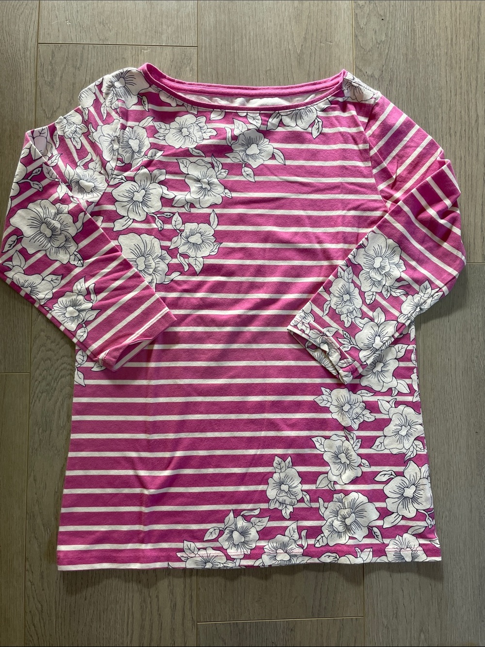 Talbots Pink & White Striped Floral 3/4 Sleeves Boatneck Top